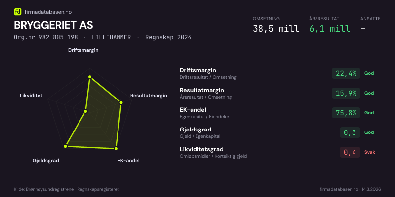 Økonomisk helseprofil for BRYGGERIET AS (Org.nr 982 805 198) i LILLEHAMMER. Omsetning 38,5 mill, årsresultat 6,1 mill, driftsmargin 22,4 %, resultatmargin 15,9 %, EK-andel 75,8 %, gjeldsgrad 0,3, likviditetsgrad 0,4. Regnskap 2024. Kilde: firmadatabasen.no