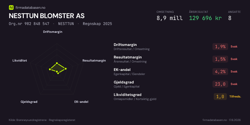 Økonomisk helseprofil for NESTTUN BLOMSTER AS (Org.nr 982 848 547) i NESTTUN. Omsetning 8,9 mill, årsresultat 129 696 kr, driftsmargin 1,9 %, resultatmargin 1,5 %, EK-andel 4,2 %, gjeldsgrad 23,0, likviditetsgrad 1,0. Regnskap 2025. Kilde: firmadatabasen.no