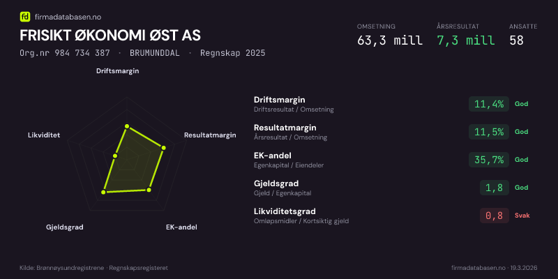 Økonomisk helseprofil for FRISIKT ØKONOMI ØST AS (Org.nr 984 734 387) i BRUMUNDDAL. Omsetning 63,3 mill, årsresultat 7,3 mill, driftsmargin 11,4 %, resultatmargin 11,5 %, EK-andel 35,7 %, gjeldsgrad 1,8, likviditetsgrad 0,8. Regnskap 2025. Kilde: firmadatabasen.no