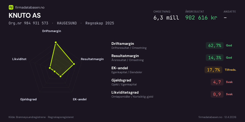 Økonomisk helseprofil for KNUTO AS (Org.nr 984 931 573) i HAUGESUND. Omsetning 6,3 mill, årsresultat 902 616 kr, driftsmargin 62,7 %, resultatmargin 14,3 %, EK-andel 17,7 %, gjeldsgrad 4,7, likviditetsgrad 0,9. Regnskap 2025. Kilde: firmadatabasen.no