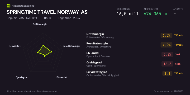 Økonomisk helseprofil for SPRINGTIME TRAVEL NORWAY AS (Org.nr 985 148 074) i OSLO. Omsetning 16,0 mill, årsresultat 674 065 kr, driftsmargin 6,5 %, resultatmargin 4,2 %, EK-andel 5,8 %, gjeldsgrad 16,3, likviditetsgrad 1,1. Regnskap 2024. Kilde: firmadatabasen.no
