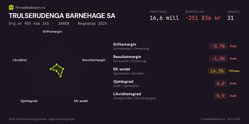 Økonomisk helseprofil for TRULSERUDENGA BARNEHAGE SA (Org.nr 985 446 245) i JAREN. Omsetning 16,6 mill, årsresultat −251 836 kr, driftsmargin -0,7 %, resultatmargin -1,5 %, EK-andel 14,3 %, gjeldsgrad 6,0, likviditetsgrad 0,9. Regnskap 2025. Kilde: firmadatabasen.no