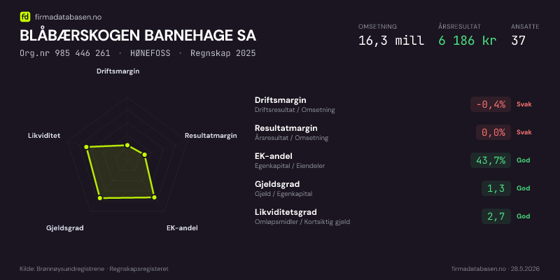 Økonomisk helseprofil for BLÅBÆRSKOGEN BARNEHAGE SA (Org.nr 985 446 261) i HØNEFOSS. Omsetning 16,3 mill, årsresultat 6 186 kr, driftsmargin -0,4 %, resultatmargin 0,0 %, EK-andel 43,7 %, gjeldsgrad 1,3, likviditetsgrad 2,7. Regnskap 2025. Kilde: firmadatabasen.no