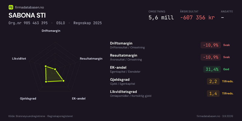 Økonomisk helseprofil for SABONA STI (Org.nr 985 463 395) i OSLO. Omsetning 5,6 mill, årsresultat −607 356 kr, driftsmargin -10,9 %, resultatmargin -10,9 %, EK-andel 31,4 %, gjeldsgrad 2,2, likviditetsgrad 1,4. Regnskap 2025. Kilde: firmadatabasen.no