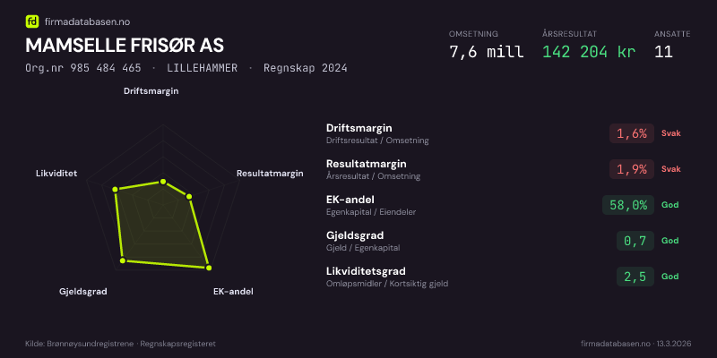 Økonomisk helseprofil for MAMSELLE FRISØR AS (Org.nr 985 484 465) i LILLEHAMMER. Omsetning 7,6 mill, årsresultat 142 204 kr, driftsmargin 1,6 %, resultatmargin 1,9 %, EK-andel 58,0 %, gjeldsgrad 0,7, likviditetsgrad 2,5. Regnskap 2024. Kilde: firmadatabasen.no