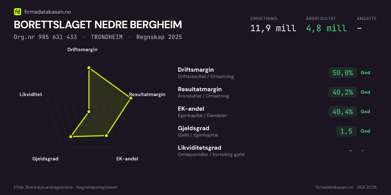 Økonomisk helseprofil for BORETTSLAGET NEDRE BERGHEIM (Org.nr 985 631 433) i TRONDHEIM. Omsetning 11,9 mill, årsresultat 4,8 mill, driftsmargin 50,0 %, resultatmargin 40,2 %, EK-andel 40,4 %, gjeldsgrad 1,5, likviditetsgrad –. Regnskap 2025. Kilde: firmadatabasen.no