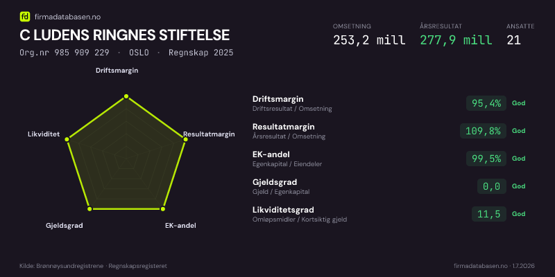 Økonomisk helseprofil for C LUDENS RINGNES STIFTELSE (Org.nr 985 909 229) i OSLO. Omsetning 253,2 mill, årsresultat 277,9 mill, driftsmargin 95,4 %, resultatmargin 109,8 %, EK-andel 99,5 %, gjeldsgrad 0,0, likviditetsgrad 11,5. Regnskap 2025. Kilde: firmadatabasen.no