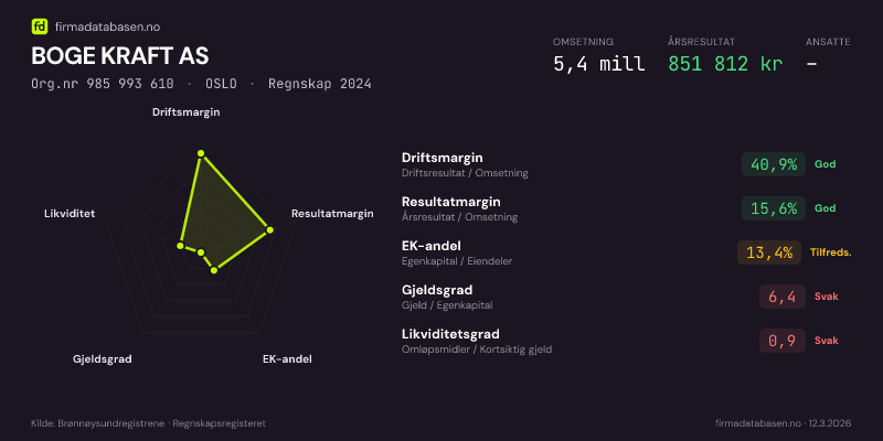 Økonomisk helseprofil for BOGE KRAFT AS (Org.nr 985 993 610) i OSLO. Omsetning 5,4 mill, årsresultat 851 812 kr, driftsmargin 40,9 %, resultatmargin 15,6 %, EK-andel 13,4 %, gjeldsgrad 6,4, likviditetsgrad 0,9. Regnskap 2024. Kilde: firmadatabasen.no