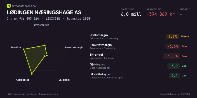 Økonomisk helseprofil for LØDINGEN NÆRINGSHAGE AS (Org.nr 986 353 224) i LØDINGEN. Omsetning 6,0 mill, årsresultat −394 869 kr, driftsmargin 9,6 %, resultatmargin -6,6 %, EK-andel -35,0 %, gjeldsgrad -3,9, likviditetsgrad 7,2. Regnskap 2025. Kilde: firmadatabasen.no