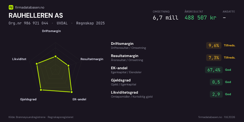Økonomisk helseprofil for RAUHELLEREN AS (Org.nr 986 921 044) i UVDAL. Omsetning 6,7 mill, årsresultat 488 507 kr, driftsmargin 9,6 %, resultatmargin 7,3 %, EK-andel 67,4 %, gjeldsgrad 0,5, likviditetsgrad 2,9. Regnskap 2025. Kilde: firmadatabasen.no