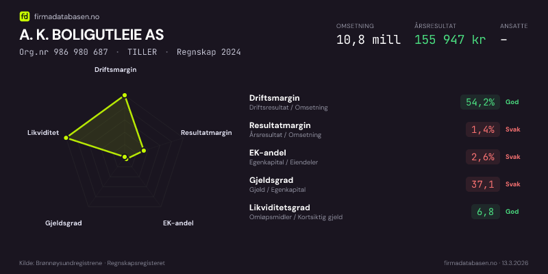 Økonomisk helseprofil for A. K. BOLIGUTLEIE AS (Org.nr 986 980 687) i TILLER. Omsetning 10,8 mill, årsresultat 155 947 kr, driftsmargin 54,2 %, resultatmargin 1,4 %, EK-andel 2,6 %, gjeldsgrad 37,1, likviditetsgrad 6,8. Regnskap 2024. Kilde: firmadatabasen.no