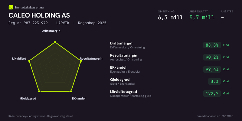 Økonomisk helseprofil for CALEO HOLDING AS (Org.nr 987 223 979) i LARVIK. Omsetning 6,3 mill, årsresultat 5,7 mill, driftsmargin 88,8 %, resultatmargin 90,2 %, EK-andel 99,4 %, gjeldsgrad 0,0, likviditetsgrad 172,7. Regnskap 2025. Kilde: firmadatabasen.no