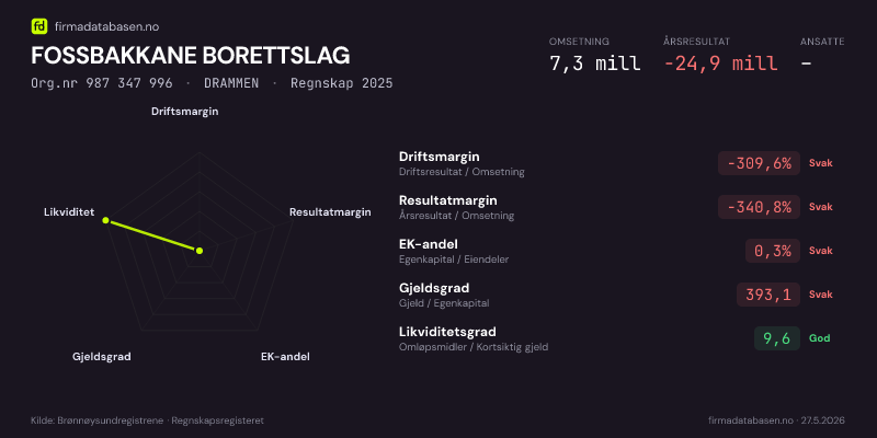 Økonomisk helseprofil for FOSSBAKKANE BORETTSLAG (Org.nr 987 347 996) i DRAMMEN. Omsetning 7,3 mill, årsresultat −24,9 mill, driftsmargin -309,6 %, resultatmargin -340,8 %, EK-andel 0,3 %, gjeldsgrad 393,1, likviditetsgrad 9,6. Regnskap 2025. Kilde: firmadatabasen.no