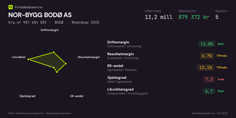 Økonomisk helseprofil for NOR-BYGG BODØ AS (Org.nr 987 604 085) i BODØ. Omsetning 13,2 mill, årsresultat 879 372 kr, driftsmargin 13,0 %, resultatmargin 6,7 %, EK-andel 12,1 %, gjeldsgrad 7,3, likviditetsgrad 6,7. Regnskap 2025. Kilde: firmadatabasen.no