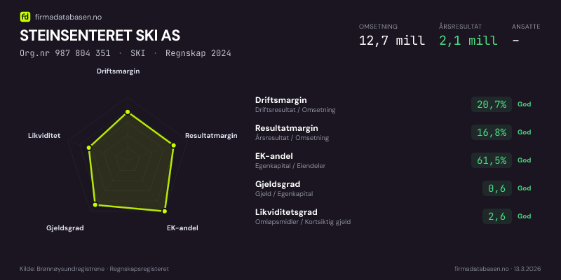 Økonomisk helseprofil for STEINSENTERET SKI AS (Org.nr 987 804 351) i SKI. Omsetning 12,7 mill, årsresultat 2,1 mill, driftsmargin 20,7 %, resultatmargin 16,8 %, EK-andel 61,5 %, gjeldsgrad 0,6, likviditetsgrad 2,6. Regnskap 2024. Kilde: firmadatabasen.no