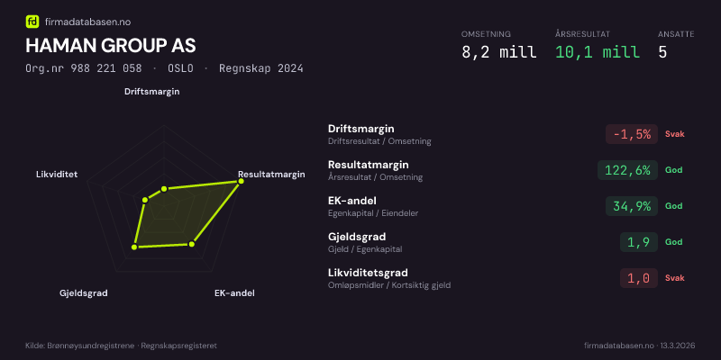 Økonomisk helseprofil for HAMAN GROUP AS (Org.nr 988 221 058) i OSLO. Omsetning 8,2 mill, årsresultat 10,1 mill, driftsmargin -1,5 %, resultatmargin 122,6 %, EK-andel 34,9 %, gjeldsgrad 1,9, likviditetsgrad 1,0. Regnskap 2024. Kilde: firmadatabasen.no