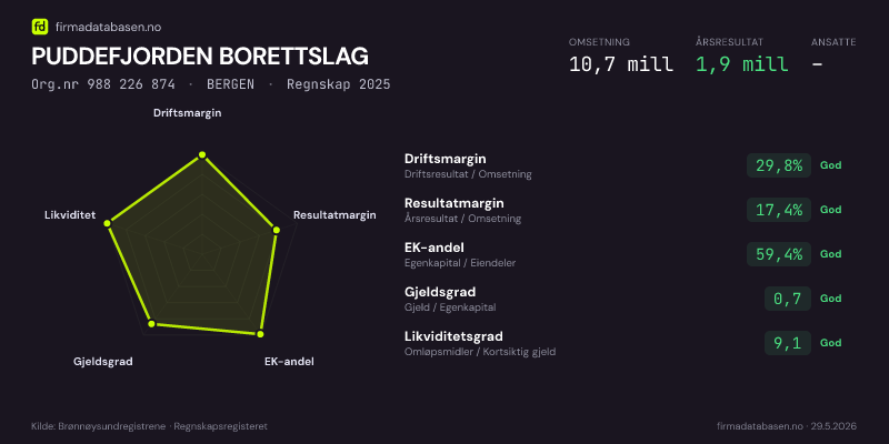 Økonomisk helseprofil for PUDDEFJORDEN BORETTSLAG (Org.nr 988 226 874) i BERGEN. Omsetning 10,7 mill, årsresultat 1,9 mill, driftsmargin 29,8 %, resultatmargin 17,4 %, EK-andel 59,4 %, gjeldsgrad 0,7, likviditetsgrad 9,1. Regnskap 2025. Kilde: firmadatabasen.no