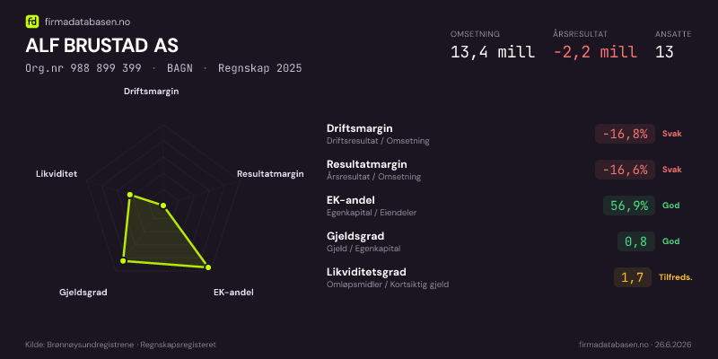 Økonomisk helseprofil for ALF BRUSTAD AS (Org.nr 988 899 399) i BAGN. Omsetning 13,4 mill, årsresultat −2,2 mill, driftsmargin -16,8 %, resultatmargin -16,6 %, EK-andel 56,9 %, gjeldsgrad 0,8, likviditetsgrad 1,7. Regnskap 2025. Kilde: firmadatabasen.no