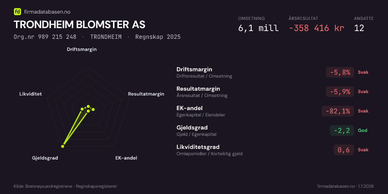 Økonomisk helseprofil for TRONDHEIM BLOMSTER AS (Org.nr 989 215 248) i TRONDHEIM. Omsetning 6,1 mill, årsresultat −358 416 kr, driftsmargin -5,8 %, resultatmargin -5,9 %, EK-andel -82,1 %, gjeldsgrad -2,2, likviditetsgrad 0,6. Regnskap 2025. Kilde: firmadatabasen.no