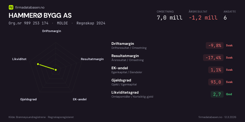 Økonomisk helseprofil for HAMMERØ BYGG AS (Org.nr 989 253 174) i MOLDE. Omsetning 7,0 mill, årsresultat −1,2 mill, driftsmargin -9,8 %, resultatmargin -17,4 %, EK-andel 1,1 %, gjeldsgrad 93,0, likviditetsgrad 2,7. Regnskap 2024. Kilde: firmadatabasen.no