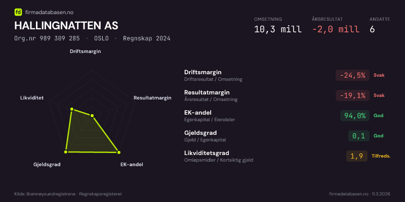 Økonomisk helseprofil for HALLINGNATTEN AS (Org.nr 989 309 285) i OSLO. Omsetning 10,3 mill, årsresultat −2,0 mill, driftsmargin -24,5 %, resultatmargin -19,1 %, EK-andel 94,0 %, gjeldsgrad 0,1, likviditetsgrad 1,9. Regnskap 2024. Kilde: firmadatabasen.no