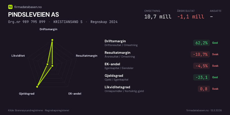 Økonomisk helseprofil for PINDSLEVEIEN AS (Org.nr 989 795 899) i KRISTIANSAND S. Omsetning 10,7 mill, årsresultat −1,1 mill, driftsmargin 62,2 %, resultatmargin -10,7 %, EK-andel -4,5 %, gjeldsgrad -23,1, likviditetsgrad 0,8. Regnskap 2024. Kilde: firmadatabasen.no
