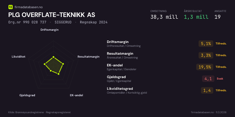 Økonomisk helseprofil for PLG OVERFLATE-TEKNIKK AS (Org.nr 990 028 737) i SIGGERUD. Omsetning 38,3 mill, årsresultat 1,3 mill, driftsmargin 5,1 %, resultatmargin 3,3 %, EK-andel 19,5 %, gjeldsgrad 4,1, likviditetsgrad 1,4. Regnskap 2024. Kilde: firmadatabasen.no