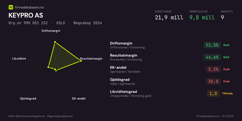 Økonomisk helseprofil for KEYPRO AS (Org.nr 990 051 232) i OSLO. Omsetning 21,9 mill, årsresultat 9,8 mill, driftsmargin 53,5 %, resultatmargin 44,6 %, EK-andel 3,2 %, gjeldsgrad 30,0, likviditetsgrad 1,0. Regnskap 2024. Kilde: firmadatabasen.no