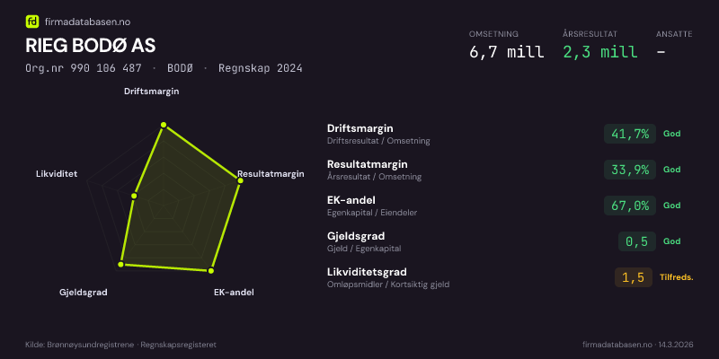 Økonomisk helseprofil for RIEG BODØ AS (Org.nr 990 106 487) i BODØ. Omsetning 6,7 mill, årsresultat 2,3 mill, driftsmargin 41,7 %, resultatmargin 33,9 %, EK-andel 67,0 %, gjeldsgrad 0,5, likviditetsgrad 1,5. Regnskap 2024. Kilde: firmadatabasen.no