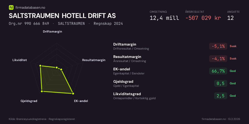 Økonomisk helseprofil for SALTSTRAUMEN HOTELL DRIFT AS (Org.nr 990 666 849) i SALTSTRAUMEN. Omsetning 12,4 mill, årsresultat −507 029 kr, driftsmargin -5,1 %, resultatmargin -4,1 %, EK-andel 66,7 %, gjeldsgrad 0,5, likviditetsgrad 2,5. Regnskap 2024. Kilde: firmadatabasen.no