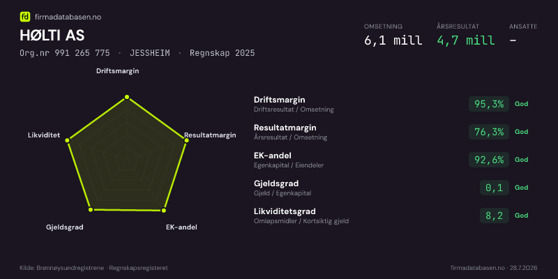 Økonomisk helseprofil for HØLTI AS (Org.nr 991 265 775) i JESSHEIM. Omsetning 6,1 mill, årsresultat 4,7 mill, driftsmargin 95,3 %, resultatmargin 76,3 %, EK-andel 92,6 %, gjeldsgrad 0,1, likviditetsgrad 8,2. Regnskap 2025. Kilde: firmadatabasen.no