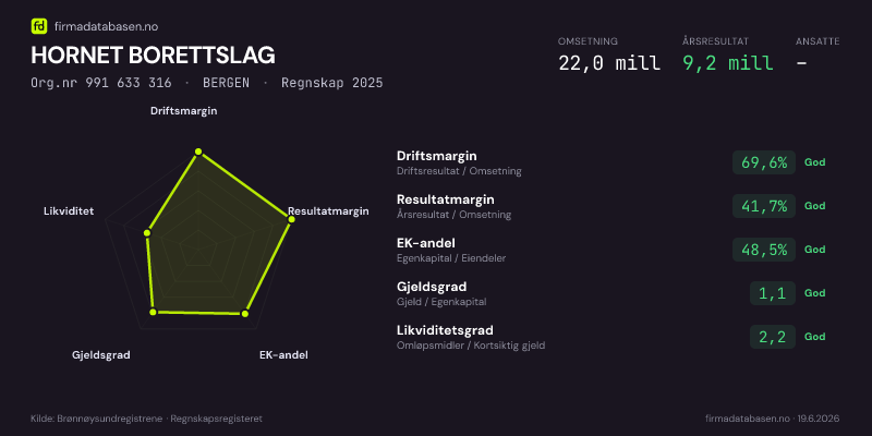 Økonomisk helseprofil for HORNET BORETTSLAG (Org.nr 991 633 316) i BERGEN. Omsetning 22,0 mill, årsresultat 9,2 mill, driftsmargin 69,6 %, resultatmargin 41,7 %, EK-andel 48,5 %, gjeldsgrad 1,1, likviditetsgrad 2,2. Regnskap 2025. Kilde: firmadatabasen.no