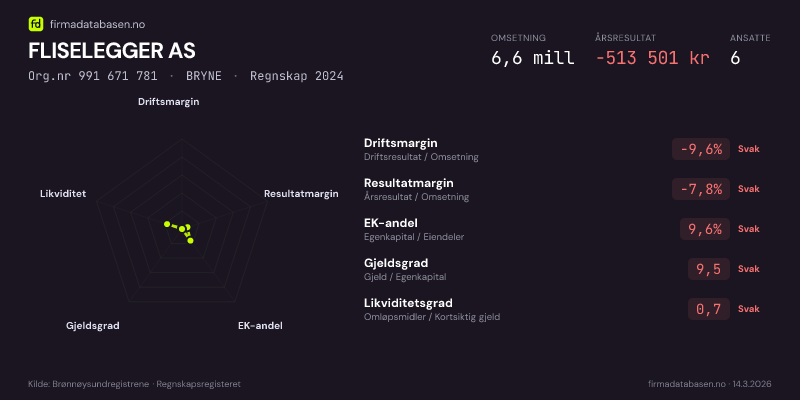 Økonomisk helseprofil for FLISELEGGER AS (Org.nr 991 671 781) i BRYNE. Omsetning 6,6 mill, årsresultat −513 501 kr, driftsmargin -9,6 %, resultatmargin -7,8 %, EK-andel 9,6 %, gjeldsgrad 9,5, likviditetsgrad 0,7. Regnskap 2024. Kilde: firmadatabasen.no