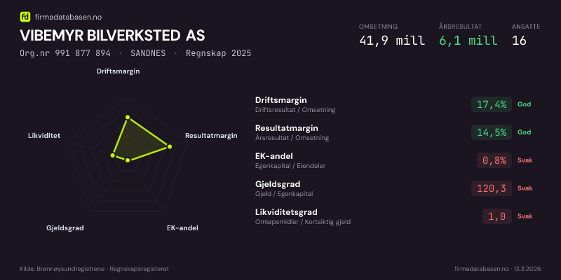 Økonomisk helseprofil for VIBEMYR BILVERKSTED AS (Org.nr 991 877 894) i SANDNES. Omsetning 41,9 mill, årsresultat 6,1 mill, driftsmargin 17,4 %, resultatmargin 14,5 %, EK-andel 0,8 %, gjeldsgrad 120,3, likviditetsgrad 1,0. Regnskap 2025. Kilde: firmadatabasen.no