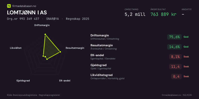 Økonomisk helseprofil for LOMTJØNN I AS (Org.nr 993 349 437) i SNARØYA. Omsetning 5,2 mill, årsresultat 763 889 kr, driftsmargin 75,6 %, resultatmargin 14,6 %, EK-andel 8,1 %, gjeldsgrad 11,4, likviditetsgrad 0,4. Regnskap 2025. Kilde: firmadatabasen.no