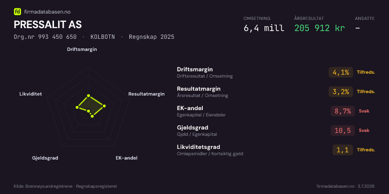Økonomisk helseprofil for PRESSALIT AS (Org.nr 993 450 650) i KOLBOTN. Omsetning 6,4 mill, årsresultat 205 912 kr, driftsmargin 4,1 %, resultatmargin 3,2 %, EK-andel 8,7 %, gjeldsgrad 10,5, likviditetsgrad 1,1. Regnskap 2025. Kilde: firmadatabasen.no