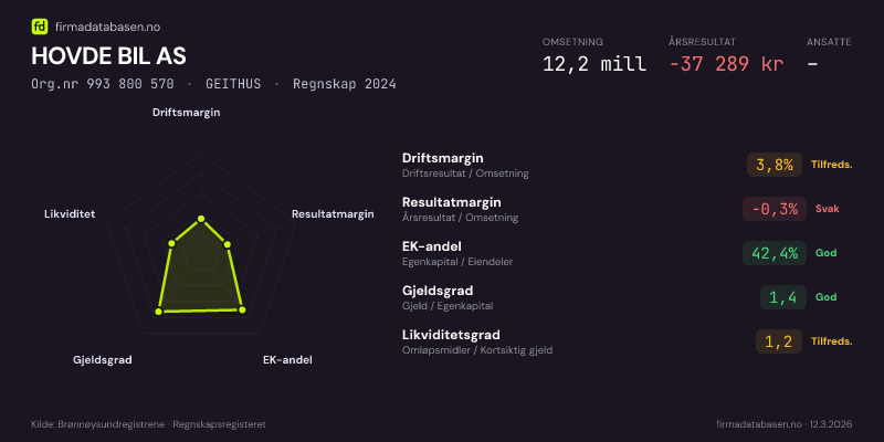 Økonomisk helseprofil for HOVDE BIL AS (Org.nr 993 800 570) i GEITHUS. Omsetning 12,2 mill, årsresultat −37 289 kr, driftsmargin 3,8 %, resultatmargin -0,3 %, EK-andel 42,4 %, gjeldsgrad 1,4, likviditetsgrad 1,2. Regnskap 2024. Kilde: firmadatabasen.no