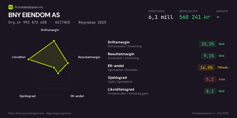 Økonomisk helseprofil for BNY EIENDOM AS (Org.nr 993 873 608) i GEITHUS. Omsetning 6,1 mill, årsresultat 560 241 kr, driftsmargin 33,2 %, resultatmargin 9,1 %, EK-andel 16,0 %, gjeldsgrad 5,2, likviditetsgrad 8,3. Regnskap 2025. Kilde: firmadatabasen.no