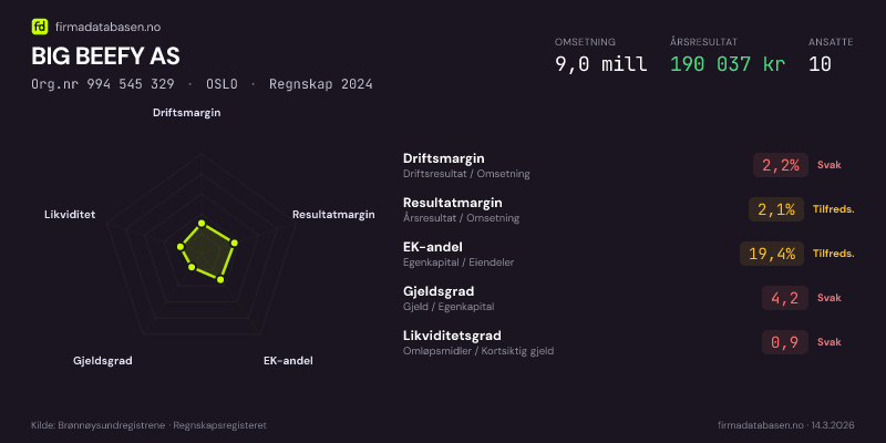 Økonomisk helseprofil for BIG BEEFY AS (Org.nr 994 545 329) i OSLO. Omsetning 9,0 mill, årsresultat 190 037 kr, driftsmargin 2,2 %, resultatmargin 2,1 %, EK-andel 19,4 %, gjeldsgrad 4,2, likviditetsgrad 0,9. Regnskap 2024. Kilde: firmadatabasen.no