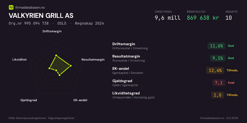 Økonomisk helseprofil for VALKYRIEN GRILL AS (Org.nr 995 094 738) i OSLO. Omsetning 9,6 mill, årsresultat 869 638 kr, driftsmargin 11,6 %, resultatmargin 9,1 %, EK-andel 12,4 %, gjeldsgrad 7,1, likviditetsgrad 1,0. Regnskap 2024. Kilde: firmadatabasen.no