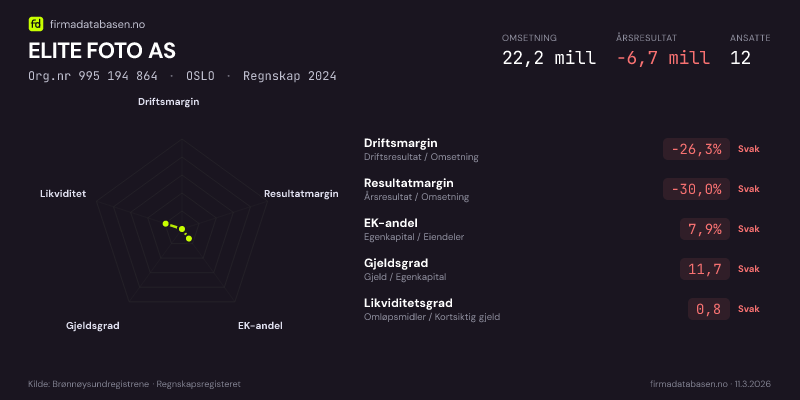 Økonomisk helseprofil for ELITE FOTO AS (Org.nr 995 194 864) i OSLO. Omsetning 22,2 mill, årsresultat −6,7 mill, driftsmargin -26,3 %, resultatmargin -30,0 %, EK-andel 7,9 %, gjeldsgrad 11,7, likviditetsgrad 0,8. Regnskap 2024. Kilde: firmadatabasen.no