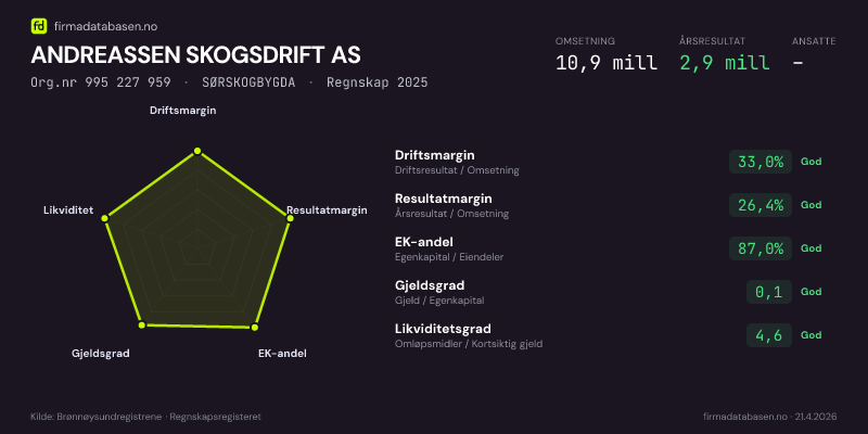 Økonomisk helseprofil for ANDREASSEN SKOGSDRIFT AS (Org.nr 995 227 959) i SØRSKOGBYGDA. Omsetning 10,9 mill, årsresultat 2,9 mill, driftsmargin 33,0 %, resultatmargin 26,4 %, EK-andel 87,0 %, gjeldsgrad 0,1, likviditetsgrad 4,6. Regnskap 2025. Kilde: firmadatabasen.no