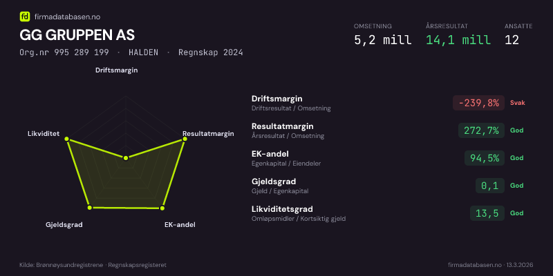 Økonomisk helseprofil for GG GRUPPEN AS (Org.nr 995 289 199) i HALDEN. Omsetning 5,2 mill, årsresultat 14,1 mill, driftsmargin -239,8 %, resultatmargin 272,7 %, EK-andel 94,5 %, gjeldsgrad 0,1, likviditetsgrad 13,5. Regnskap 2024. Kilde: firmadatabasen.no