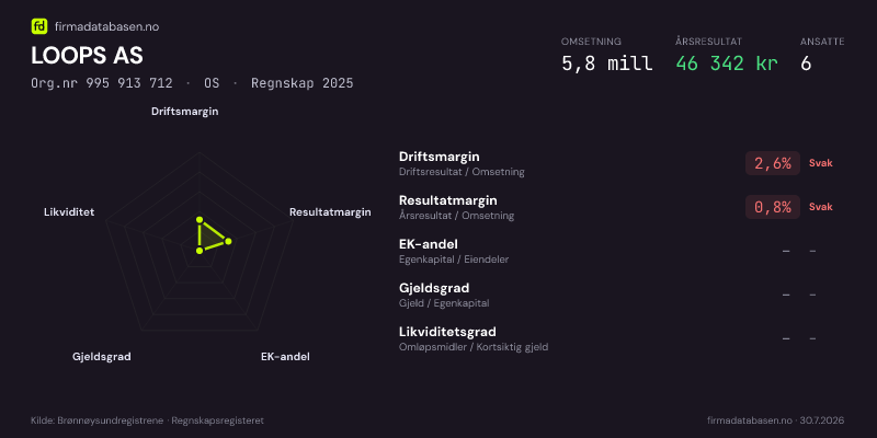 Økonomisk helseprofil for LOOPS AS (Org.nr 995 913 712) i OS. Omsetning 5,8 mill, årsresultat 46 342 kr, driftsmargin 2,6 %, resultatmargin 0,8 %, EK-andel –, gjeldsgrad –, likviditetsgrad –. Regnskap 2025. Kilde: firmadatabasen.no