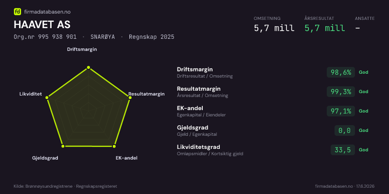 Økonomisk helseprofil for HAAVET AS (Org.nr 995 938 901) i SNARØYA. Omsetning 5,7 mill, årsresultat 5,7 mill, driftsmargin 98,6 %, resultatmargin 99,3 %, EK-andel 97,1 %, gjeldsgrad 0,0, likviditetsgrad 33,5. Regnskap 2025. Kilde: firmadatabasen.no