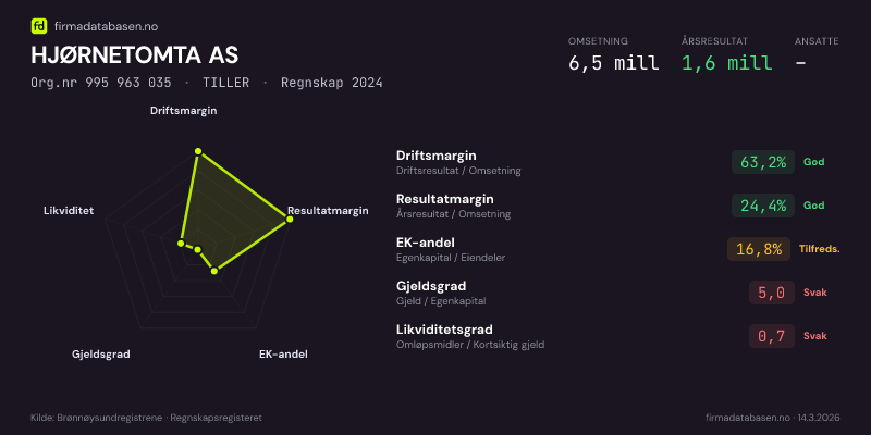 Økonomisk helseprofil for HJØRNETOMTA AS (Org.nr 995 963 035) i TILLER. Omsetning 6,5 mill, årsresultat 1,6 mill, driftsmargin 63,2 %, resultatmargin 24,4 %, EK-andel 16,8 %, gjeldsgrad 5,0, likviditetsgrad 0,7. Regnskap 2024. Kilde: firmadatabasen.no