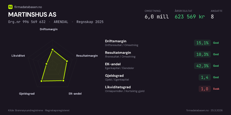 Økonomisk helseprofil for MARTINSHUS AS (Org.nr 996 569 632) i ARENDAL. Omsetning 6,0 mill, årsresultat 623 569 kr, driftsmargin 15,1 %, resultatmargin 10,3 %, EK-andel 42,3 %, gjeldsgrad 1,4, likviditetsgrad 1,0. Regnskap 2025. Kilde: firmadatabasen.no