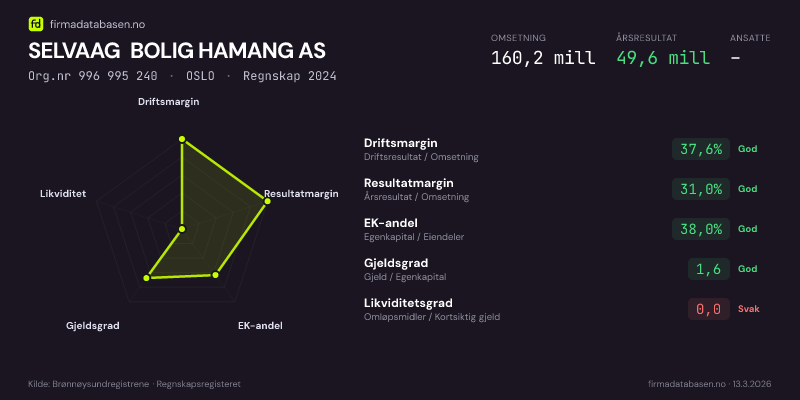 Økonomisk helseprofil for SELVAAG BOLIG HAMANG AS (Org.nr 996 995 240) i OSLO. Omsetning 160,2 mill, årsresultat 49,6 mill, driftsmargin 37,6 %, resultatmargin 31,0 %, EK-andel 38,0 %, gjeldsgrad 1,6, likviditetsgrad 0,0. Regnskap 2024. Kilde: firmadatabasen.no