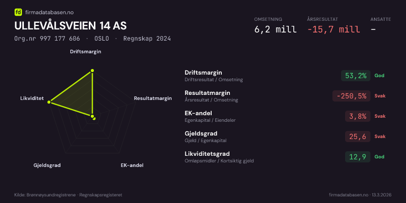 Økonomisk helseprofil for ULLEVÅLSVEIEN 14 AS (Org.nr 997 177 606) i OSLO. Omsetning 6,2 mill, årsresultat −15,7 mill, driftsmargin 53,2 %, resultatmargin -250,5 %, EK-andel 3,8 %, gjeldsgrad 25,6, likviditetsgrad 12,9. Regnskap 2024. Kilde: firmadatabasen.no