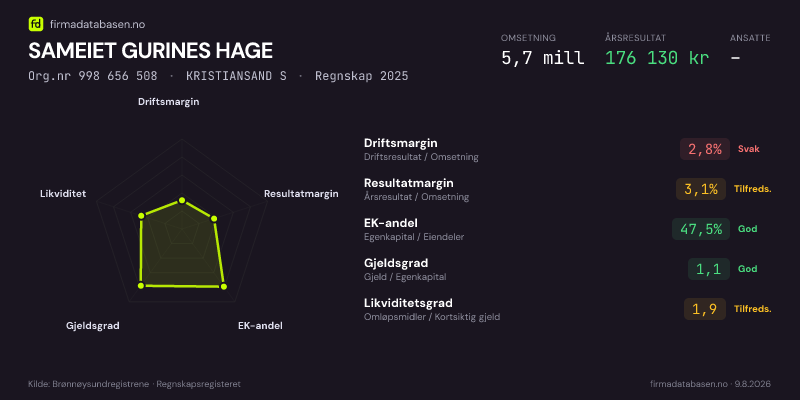 Økonomisk helseprofil for SAMEIET GURINES HAGE (Org.nr 998 656 508) i KRISTIANSAND S. Omsetning 5,7 mill, årsresultat 176 130 kr, driftsmargin 2,8 %, resultatmargin 3,1 %, EK-andel 47,5 %, gjeldsgrad 1,1, likviditetsgrad 1,9. Regnskap 2025. Kilde: firmadatabasen.no